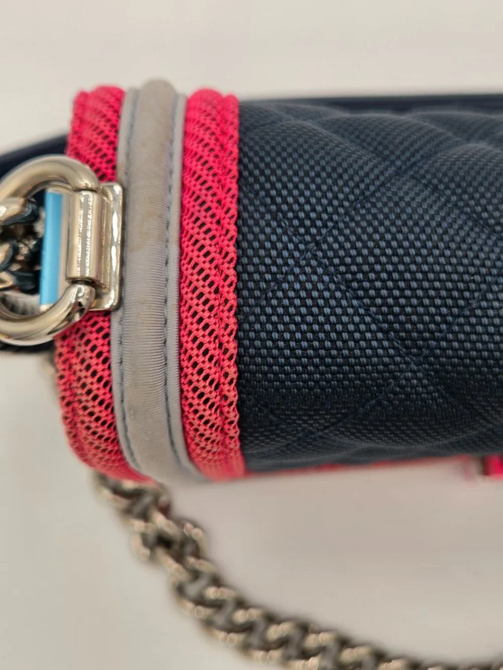 Chanel Medium Fluo Boy Flap Bag – Navy Quilted Canvas | Fuchsia & Grey Trim